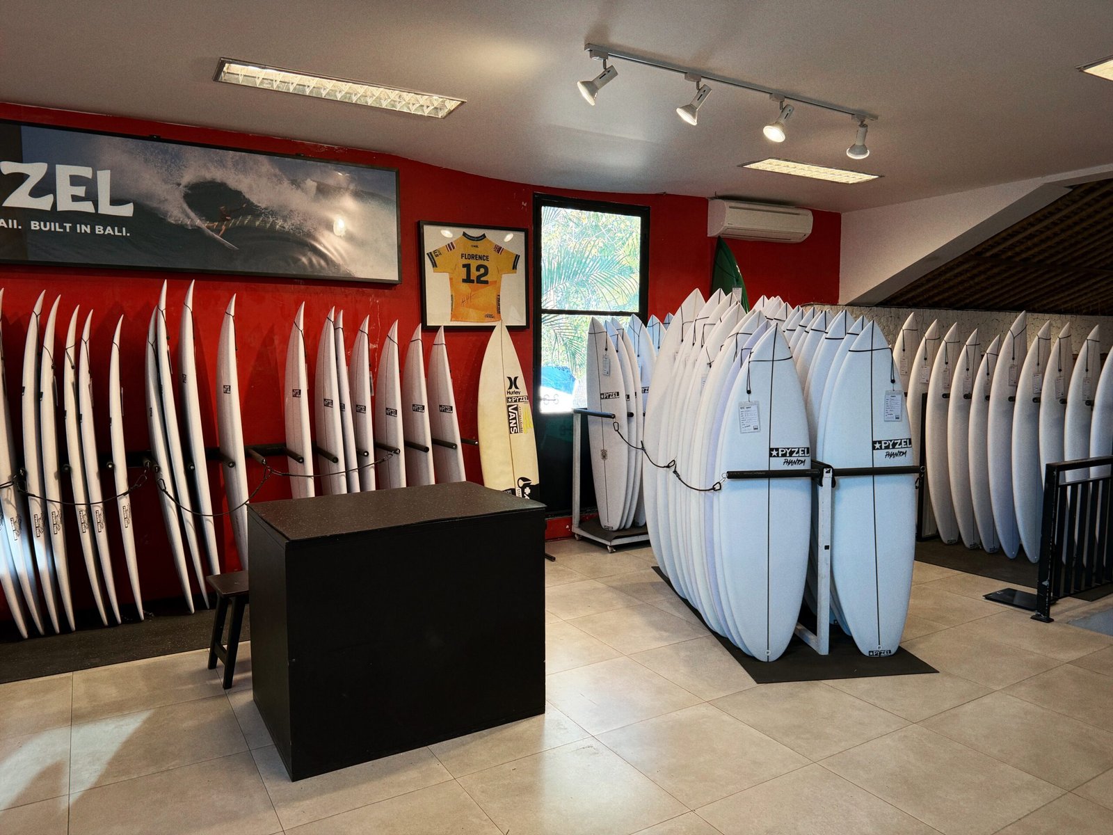 Surfboards on display at a surf shop in Bali, Indonesia.